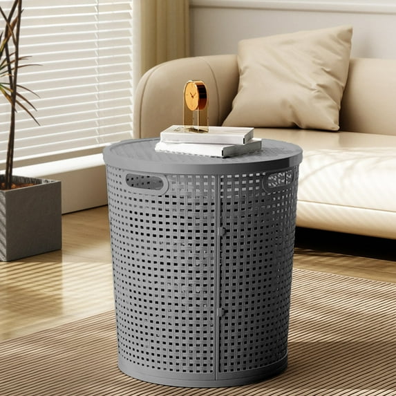 Large Plastic Laundry Basket with Lid - 42x38x33cm Imitation Rattan Storage Hamper for Clothes & Toys - Durable Ventilated Design - Black Gray White