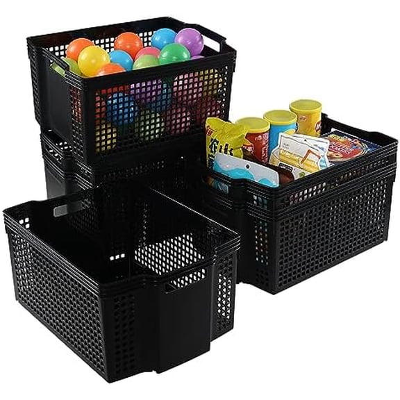Large Plastic Laundry Storage Baskets Pack of 6, Black Stackable Storage Baskets Set$$Home Decor, Kitchen, & Other