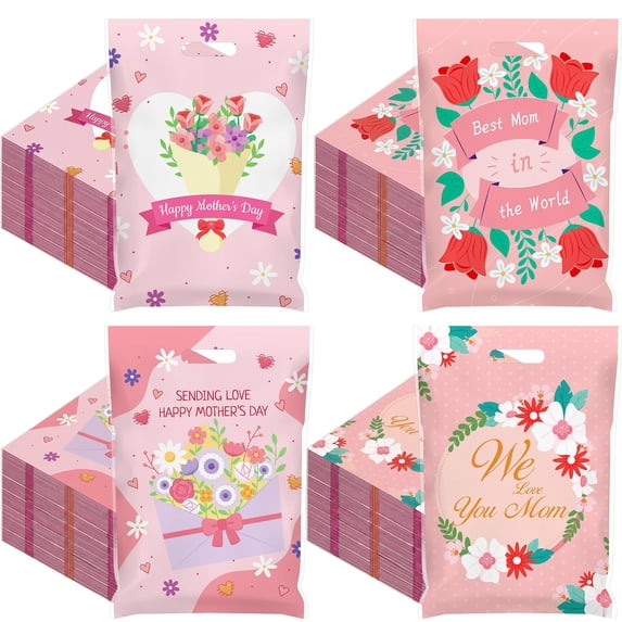 Large Plastic Mother's Day Gift Bags, 100 Count, Pink Flower Design, Party Favor Goodie Pouch