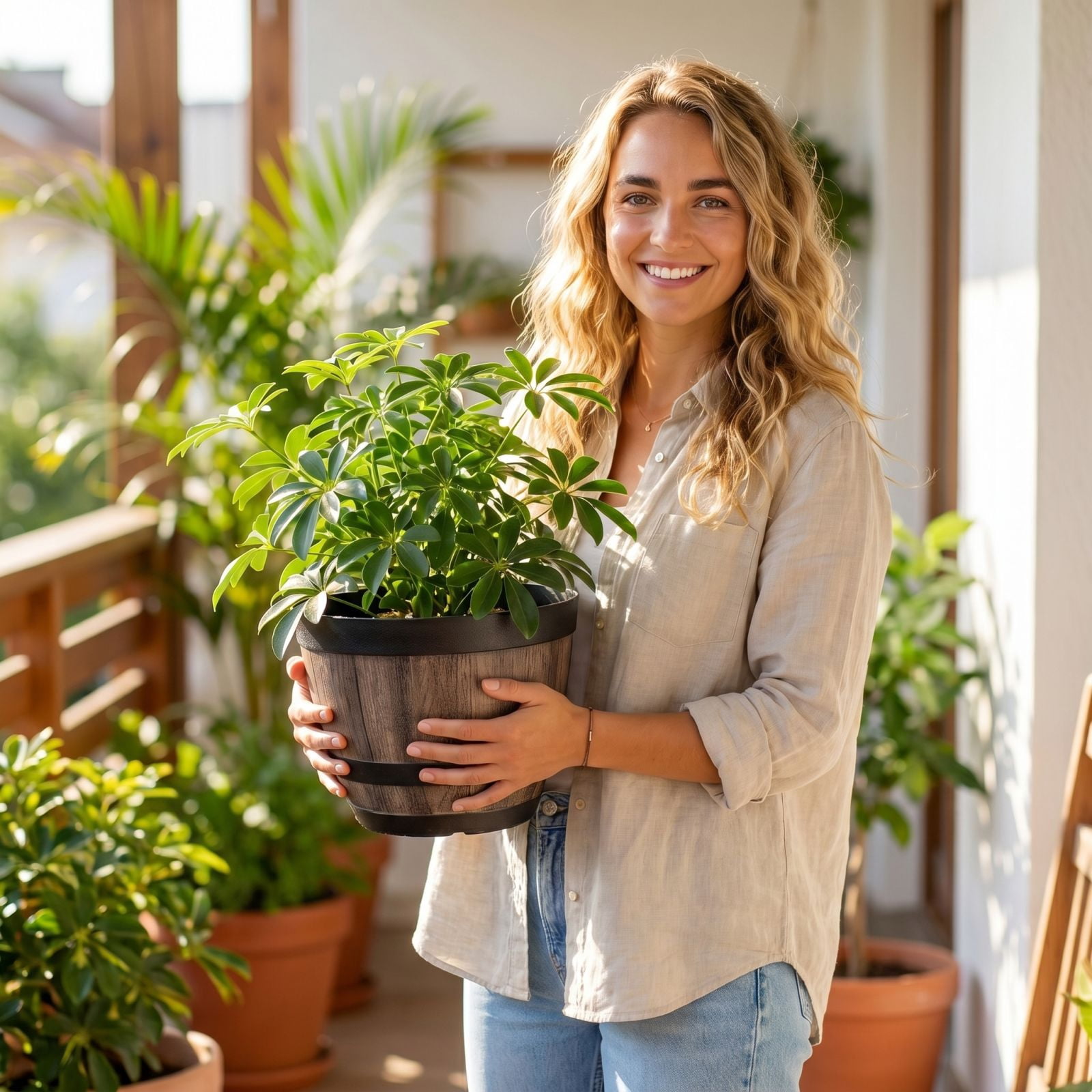 Large Plastic Planter Brown Whiskey Barrel Outdoor Flower Pots Outdoor Container Gardening Balcony Decor