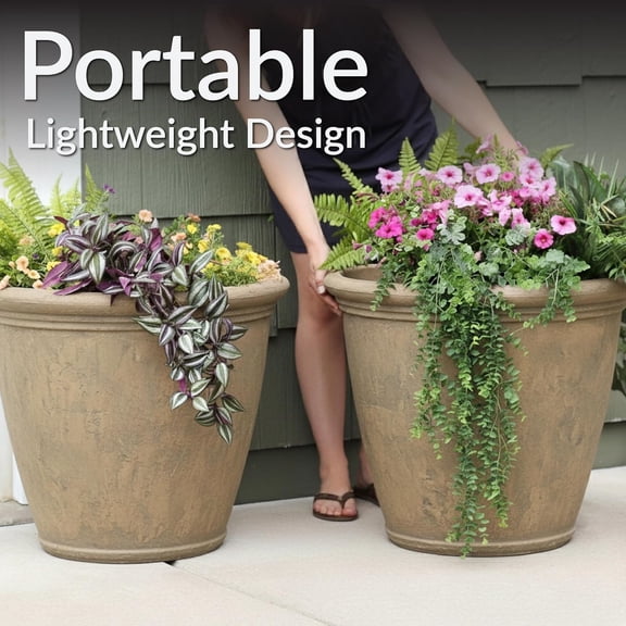 Large Plastic Pot for Plants - Double-Walled Outdoor Polyresin Round Planter Porch Pot with Drillable Drainage Holes - Beige