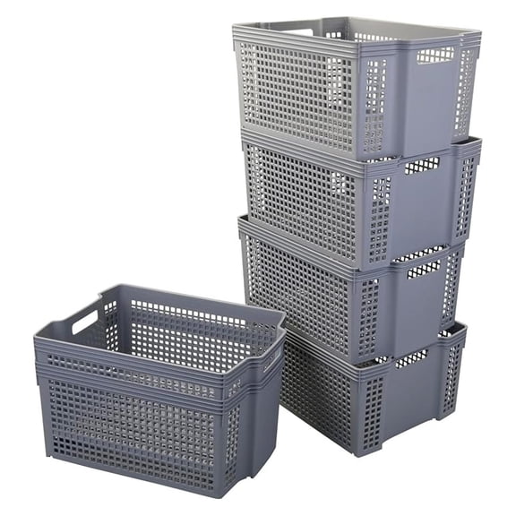 Large Plastic Stacking Storage Baskets, Grey Stackable Storage Bin, 6-Pack