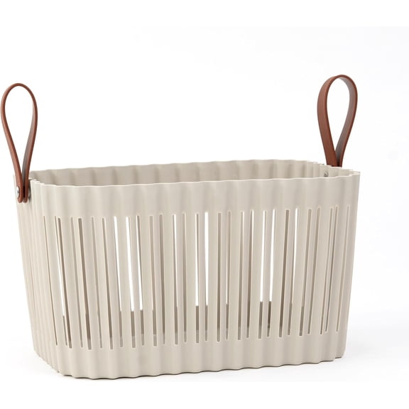 Large Plastic Storage Basket with Soft Handles Tan & Brown Decorative Bin for Bathroom, Laundry, or Living Room Rectangular Organizer Basket, 10L