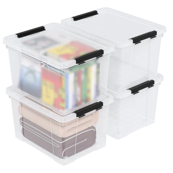 Large Plastic Storage Boxes with Wheels, 4 Pack 50 Quart Clear Latching Bins, Stackable Organizer for Bedroom Clothes, Garage Tools, Utility Room