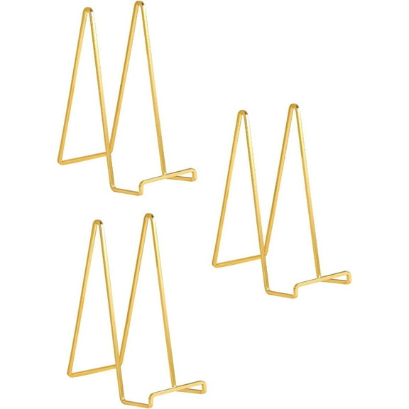 Large Plate Holder Display Stand - 10 inch Tall Plate Stands for Display - Metal Picture Frame Stand - Big Tabletop Easel Stand for Decorative Plates | Platter | Book | Plaque | Tile - 3 Pack - Gold