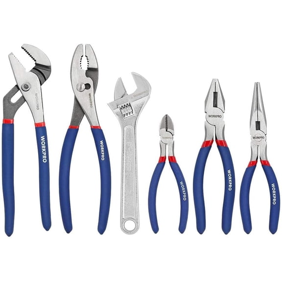 Large Pliers & Wrench Set 6-Piece (10" Water Pump, 10" Slip Joint, 8" Long Nose, 8" Linesman, 6" Diagonal, 8" Adjustable Wrench) for DIY & Home Use, W001329A