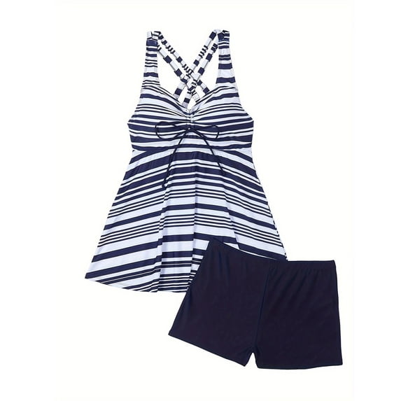Large Plus Size Tankini 2 Pieces Swimsuit Women Sexy Striped Swimwear Female Bathers Bathing Swimming Swim Suit Beach Dress
