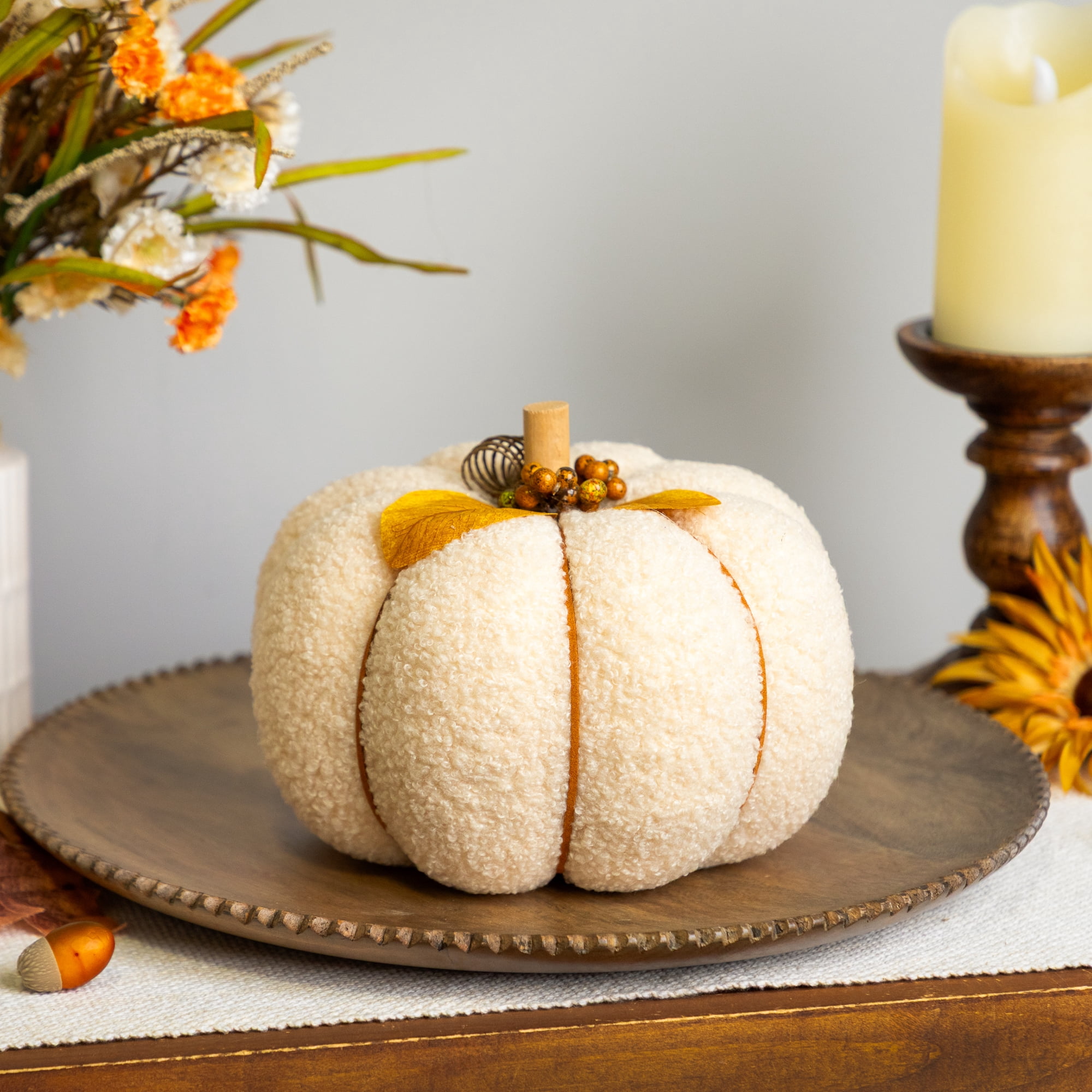 Northlight Large Plush Pumpkin Fall Harvest Decoration - 7.5" - Cream and Yellow