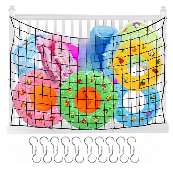 Large Pool Float Storage Net, 4 x 6ft Hanging Pool Float Holder Poolside Storage Mesh Net for Pool Floats, Swim Rings, Balls, Pool Accessories(Including 20 Hooks and Storage Bag)
