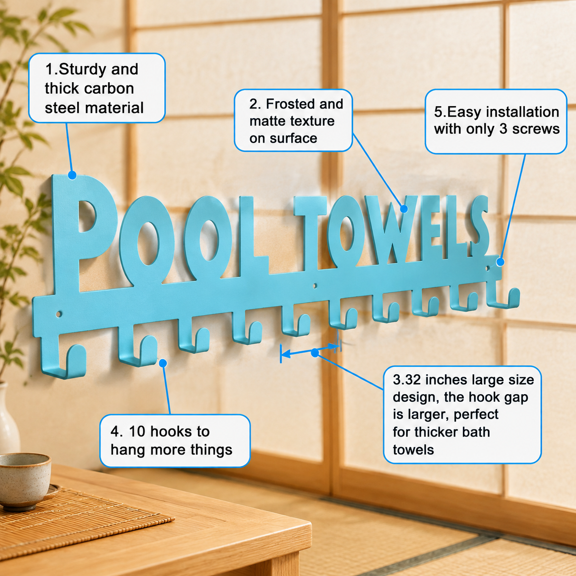 Large Pool Towel Rack With 10 Hooks Holder Outdoor Blue