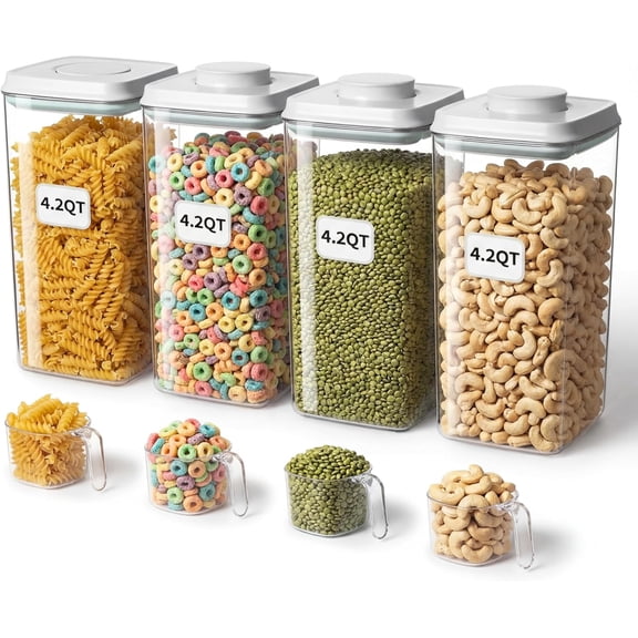Large Pop Airtight Food Storage Containers Set with Lids 4.2Qt/4L Food Containers with Scoop, Kitchen Pantry Organization and Storage, BPA Free Stackable Cereal Container (4 * 4.2Qt)