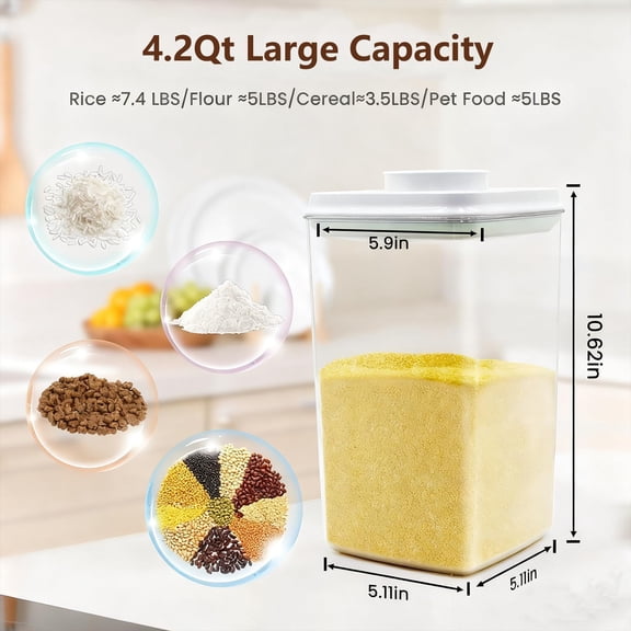 Large Pop Airtight Food Storage Containers Set with Lids 4.2Qt/4L Food Containers with Scoop, Kitchen Pantry Organization and Storage, Stackable Cereal Container (4 * 4.2Qt)