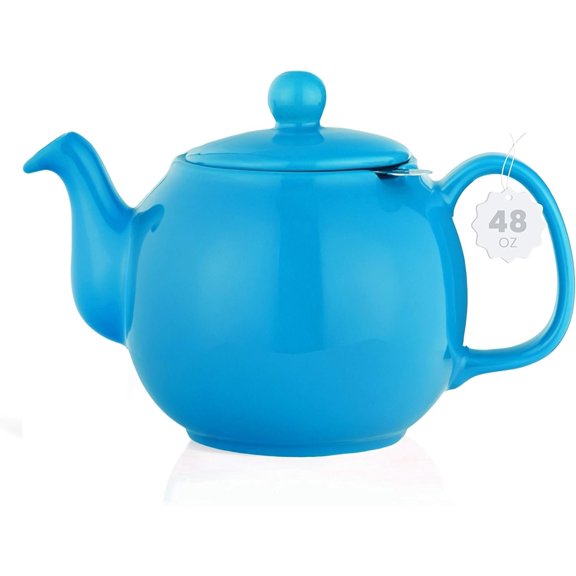 Large Porcelain Teapot, 48 Ounce Pot with Infuser, Loose Leaf and Blooming Pot - Blue