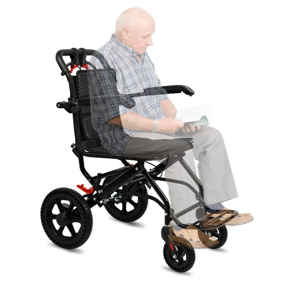 Large Portable Aluminum Transport Wheelchair | Handbrake & 12" Rear Wheels | Lightweight Folding Travel Chair for Adults & Kids | Black (Seat Width: 18")