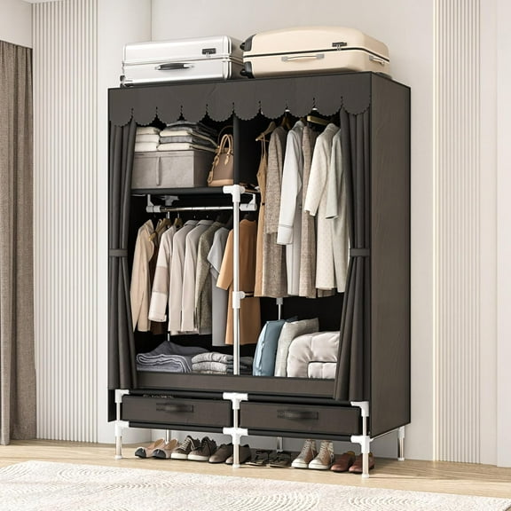 Large Portable Armoire Wardrobe Closet with 4 Hanging Rods and Lockers, Metal Storage Rack with Dust Cover for Clothes, Bedroom Organizer, Gray/Brown