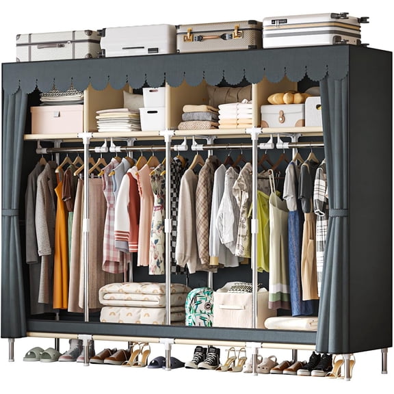 Large Portable Armoire Wardrobe Closet with 4 Hanging Rods and Lockers,Metal Storage Wardrobe Clothes Rack with Dust Cover for Clothes,16.7 in Wide,Bedroom,Gray (Grey, 77.5 in)