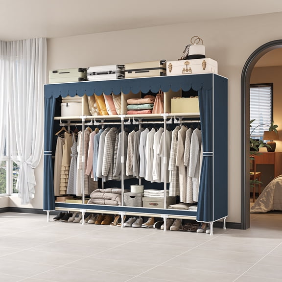 Large Portable Armoire Wardrobe Closet with 4 Hanging Rods and Lockers,Metal Storage Wardrobe Clothes Rack with Dust Cover for Clothes,16.7 in Wide,Bedroom.
