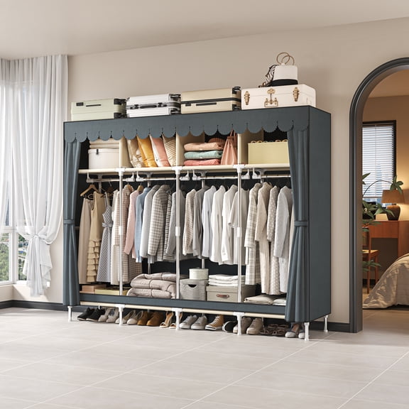 Large Portable Armoire Wardrobe Closet with 4 Hanging Rods and Lockers,Metal Storage Wardrobe Clothes Rack with Dust Cover for Clothes,16.7 in Wide,Bedroom.