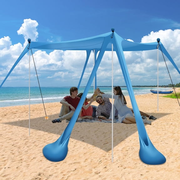 Large Portable Beach Canopy Sun Shelter with 6 Sandbags for Ultimate Stability, UPF 50+ UV Protection Shade Tent with Poles, Ground Pegs & Anti-Wind Ropes for Camping, Backyard, Picnics & Windy Beach