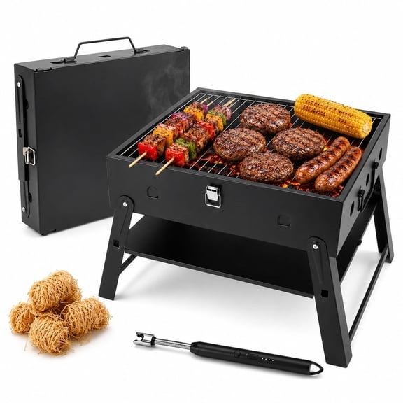 Large Portable Charcoal Grill With 2-in-1 Lid, Fire Starter & Lighter