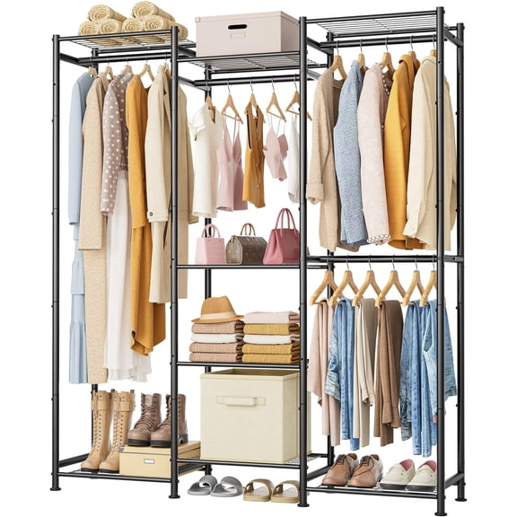 Large Portable Clothes Rack with 4 Hanging Rods and 8 Open Shelves Black, Industrial and Nordic Style