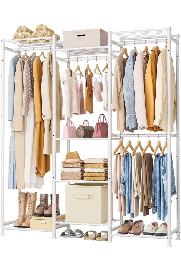 Large Portable Clothing Rack with 4 Hanging Rods and 8 Shelves, Freestanding Industrial-Nordic Closet Organizer, White
