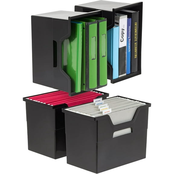 Large Portable Desktop File Box with Open Lid, 4 Pack, Side Handles, Hanging File Folders, Tabs & Inserts, Letter Size, Magazines, Newspapers, Mail, Books, Notebooks, Black
