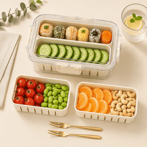 Large Portable Food Caddy, White Divided Snackle Tray with Lid and 2 Sections for Road Trips, Beach Days, Family Gatherings and Party Treats