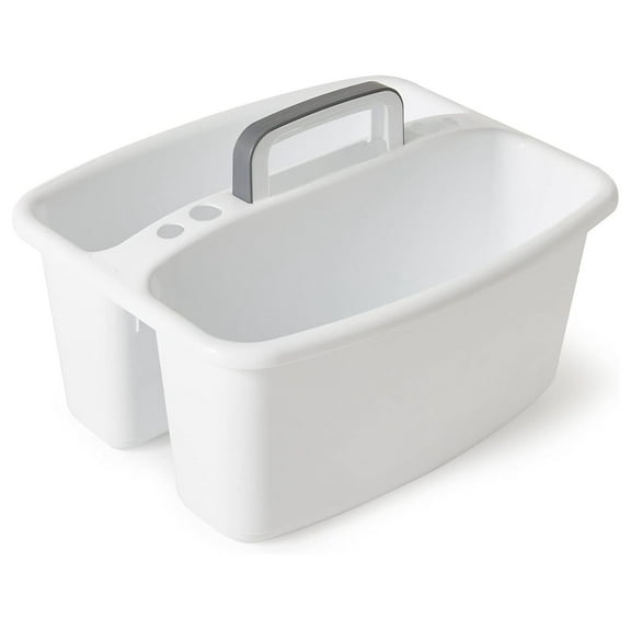 Large Portable Plastic Storage Caddy Tote w/2 Compartments with Handle Under Sink Organizer for Cleaning Supplies, Crafts, Make-up, White
