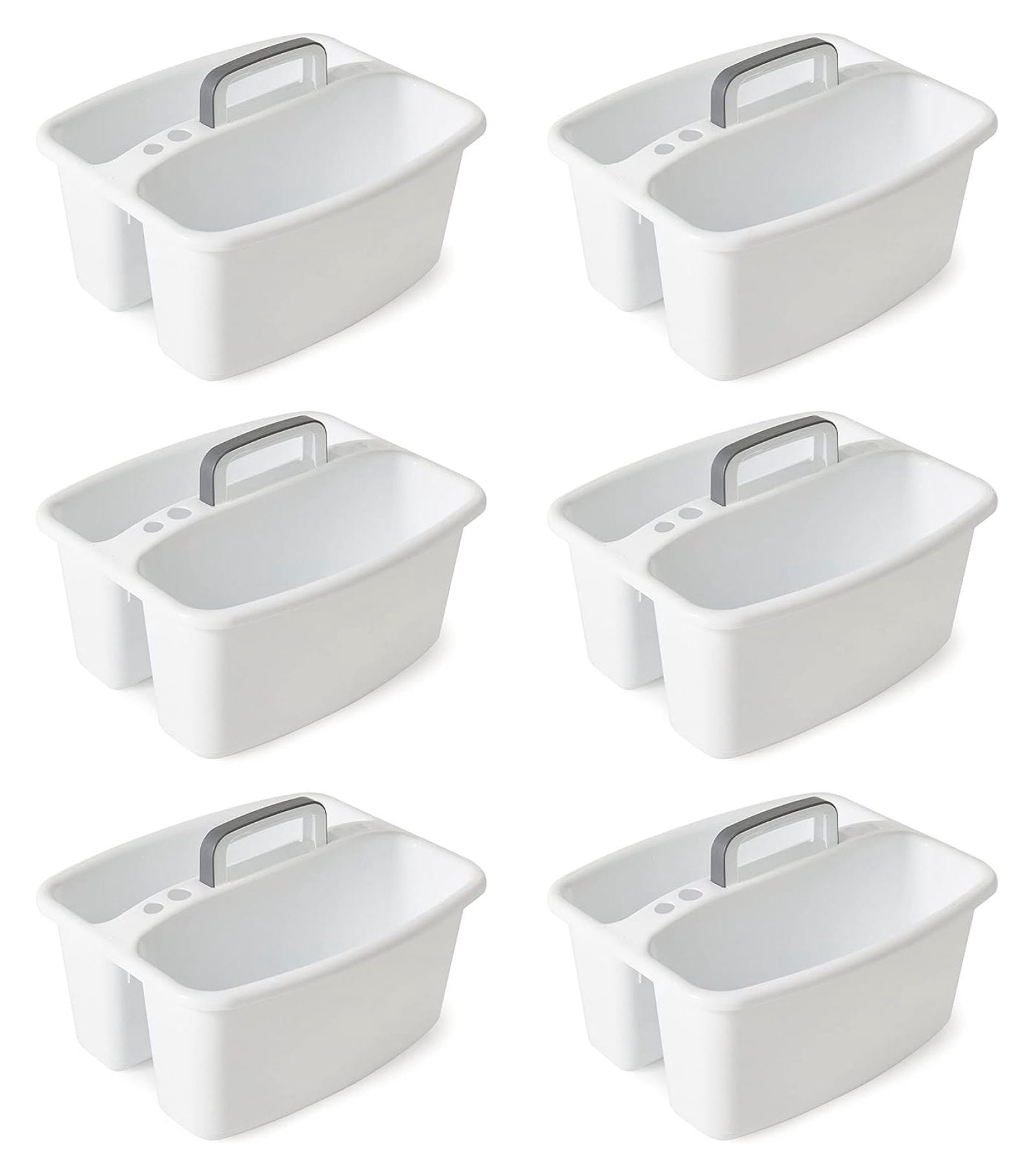 Large Portable Plastic Storage Caddy Tote w/2 Compartments with Handle Under Sink Organizer for Cleaning Supplies, , Make-up, White (6 Pack)