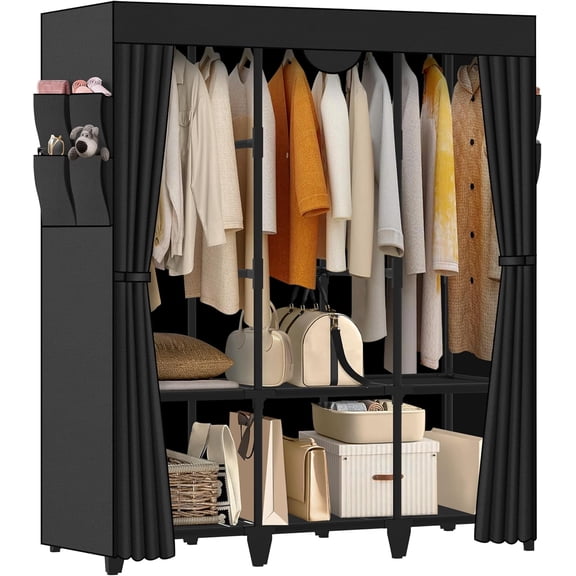 Large Portable Wardrobe Closet with 3 Hanging Rods, 6 Shelves, and 8 Side Pockets Black, 50 Inch, Modern Style