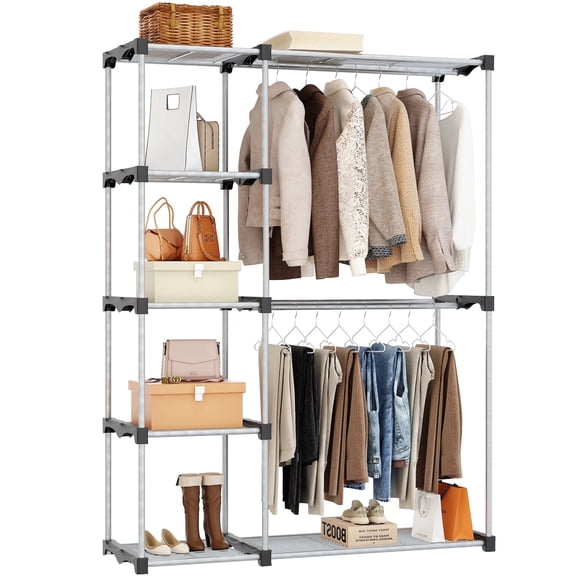 Portable Closet Organizer for Hanging Clothes,Metal Pipe Clothing Rack,Freestanding Garment Rack with Shelves for Clothing Storage( 68.1'' x 46.5'' x 19.2'')