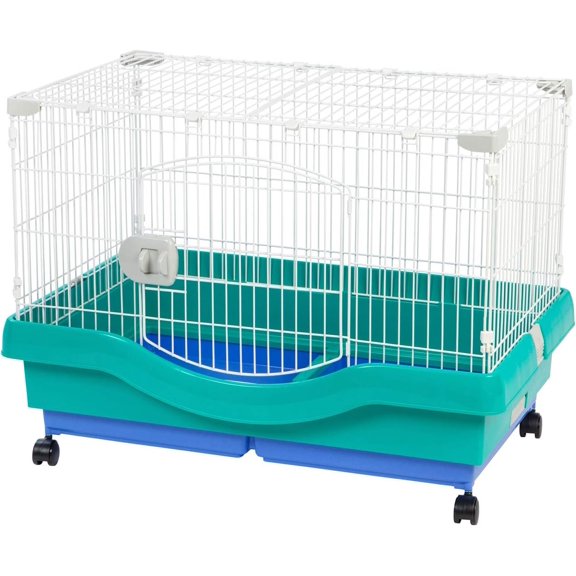Large Portable Wire Rabbit Cage with Top Access and Two Tray Division, Easy Access Secure Lock and Easy to Clean Movable House for Small Sized Animals Rabbit Guinea Pigs Rat Hamster, Green