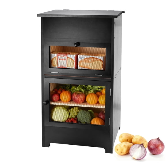Large Potato and Onion Storage Bin - 4-Tier Wooden Stackable Bread Box Cabinet with Mesh Doors and Lid, Decorative Fruit and Vegetable Organizer for Kitchen Countertop (Black)