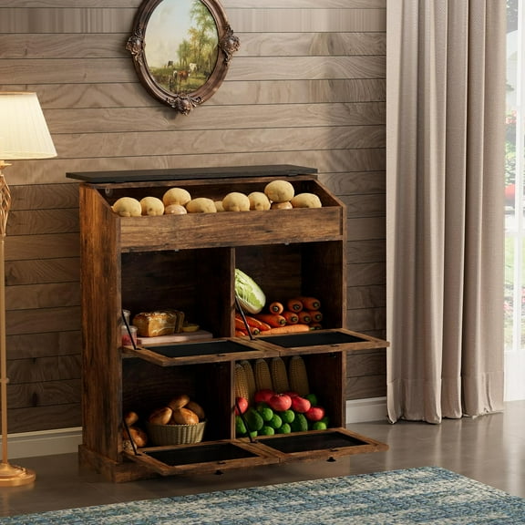 Large Potato Storage Wood Bin, Wooden Bread Storage Bins, Decorative Potato and Onion Storage Bin with 4 Doors, Potato Bin with Grocery Section, Wooden Vegetable Storage Box with Lid,Brown