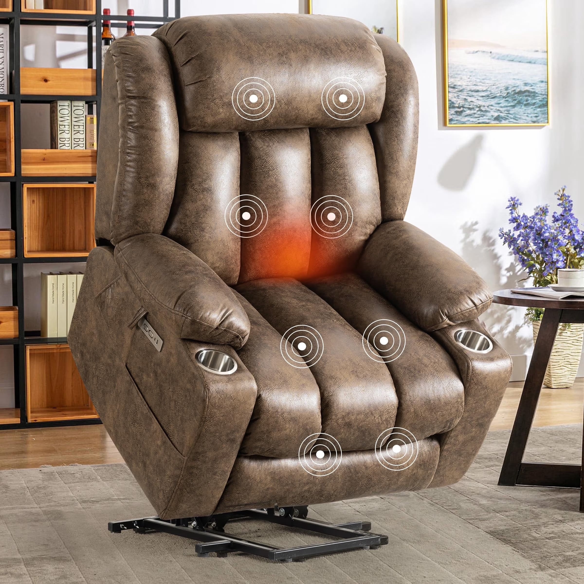JULY'S SONG Overstuffed Leather Recliner Chair with Massage and Heat, Power Lift Chairs for Elderly with Cup Holders, Electric Oversized Recliners for Adults with Charge Ports, Brown