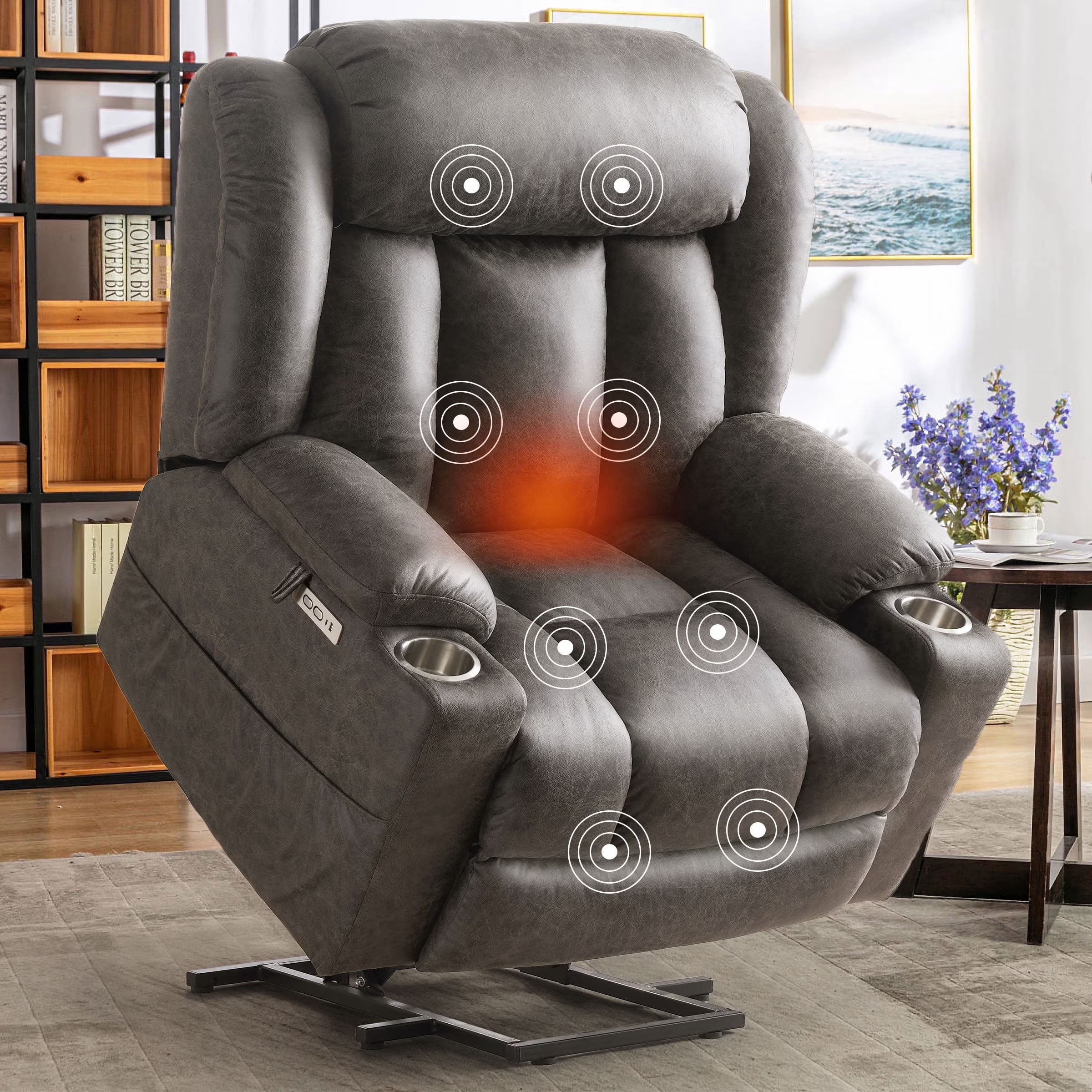 JULY'S SONG Large Power Recliner Chair with Massage and Heat, Overstuffed Wide lift chairs for elderly , Electric Oversized Recliners for Adults, Vegan Leather Grey