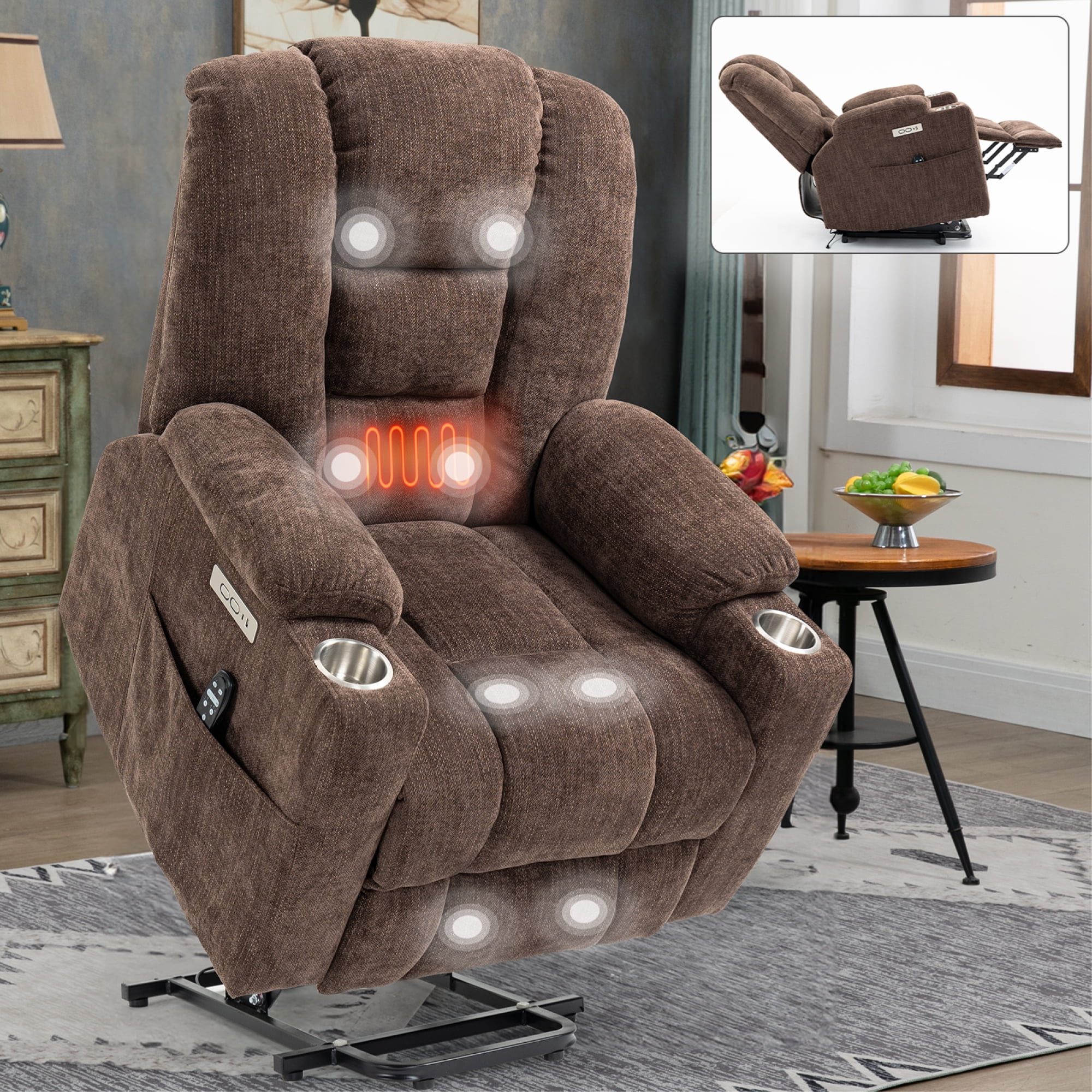 Large Power Lift Recliner Chair with Massage and Heat for Elderly,Chenille Overstuffed Wide Recliners with USB and Type C Ports, 2 Steel Cup Holders,Brown
