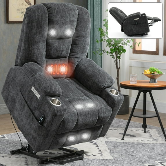 Large Power Lift Recliner Chair with Massage and Heat for Elderly,Chenille Overstuffed Wide Recliners with USB and Type C Ports, 2 Steel Cup Holders,Grey