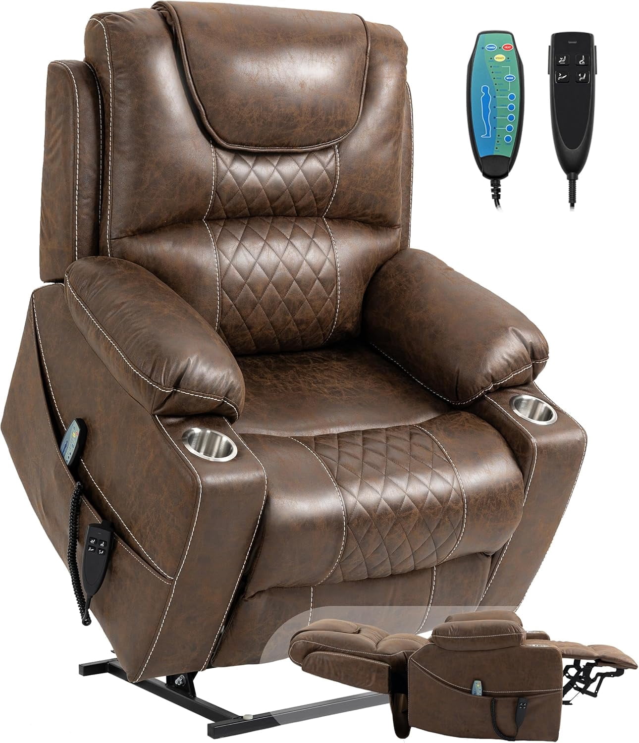 REHOUSING Adult Leather Power Lift and Massage Recliners, Brown