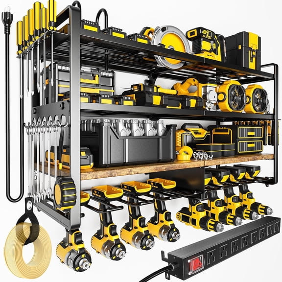 Large Power Tool Organizer with 8 Outlet  Station, Loads 600lbs, 4 Layer  Utility Rack  8 Cordless Drills, Wall Mount Tool  Garage Storage Shelf,  for Men