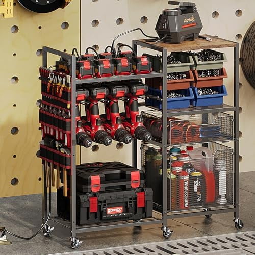 Large Power Tool Organizer Cart with Charging Station, 8 Slots for Cordless Drill Holder with Drawers, Rolling Storage Cart with 8 Power Outlet Heavy Duty Garage Organizer with Wheels for Men