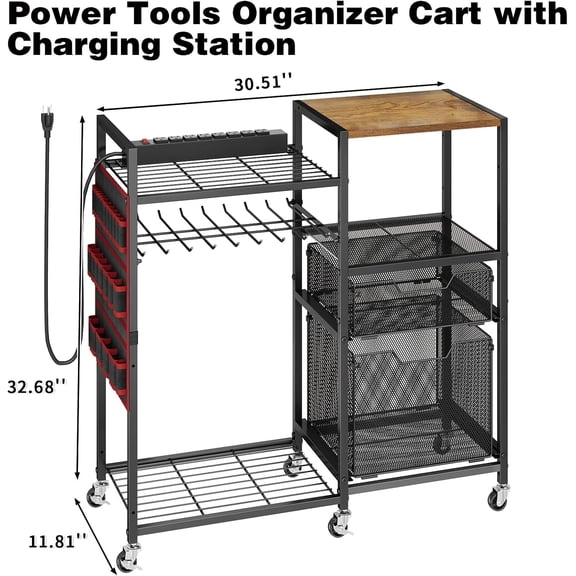 Large Power Tool Organizer Cart with Charging Station, 8 Slots for Cordless Drill Holder with Drawers, Rolling Storage Cart with 8 Power Outlet Heavy Duty Garage Organizer with Wheels for Men
