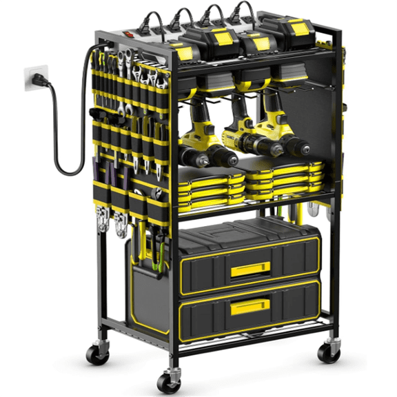 Large Power Tool Organizer Cart with Charging Station, Garage Floor Standing Rolling Drill and Tools Battery Storage Cart on Wheels, Heavy Duty Rack Shelf with 8 Outlet Power Strip, Yellow