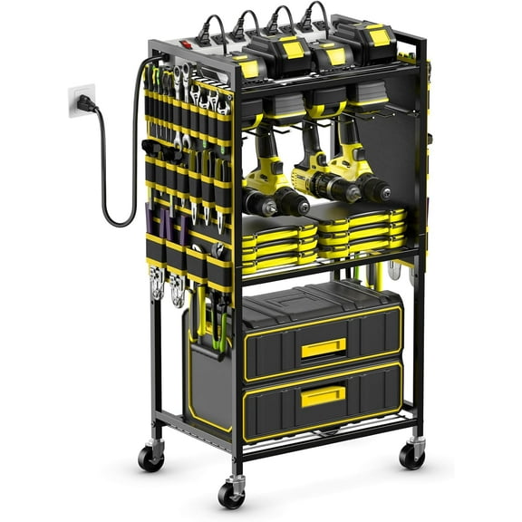 Large Power Tool Organizer Cart with Charging Station, Garage Floor Standing Rolling Drill and Tools Battery Storage Cart on Wheels, Heavy Duty Rack Shelf with 8 Outlet Power Strip
