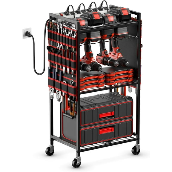 Large Power Tool Organizer Cart with Charging Station, Garage Floor Standing Rolling Drill and Tools Battery Storage Cart on Wheels, Heavy Duty Utility Rack Shelf with 8 Outlet Power Strip, Red