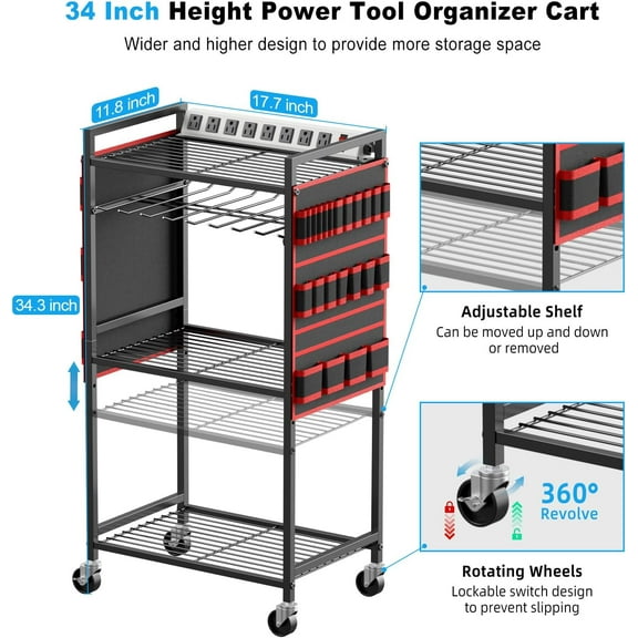 Large Power Tool Organizer Cart with Charging Station, Garage Floor Standing Rolling Drill and Tools Battery Storage Cart on Wheels, Heavy Duty Utility Rack Shelf with 8 Outlet Power Strip, Red