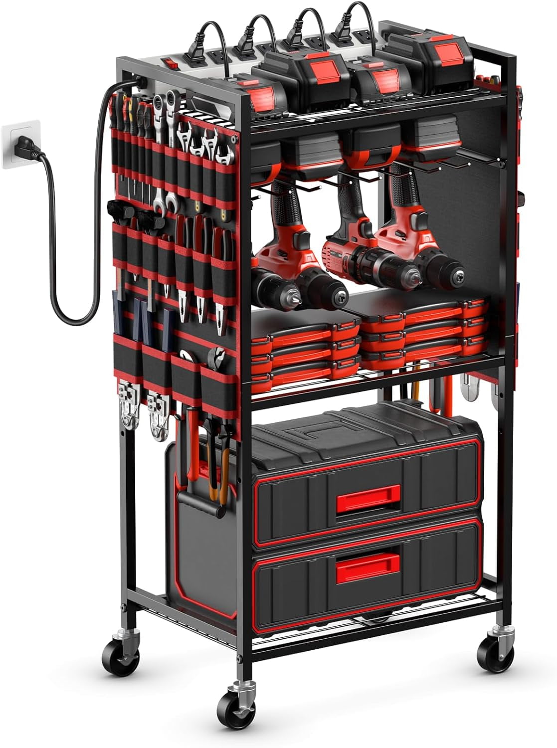 Large Power Tool Organizer Cart with Charging Station Garage Floor Standing Rolling Drill and Tools Battery Storage Cart on Wheels Heavy Duty Utility Rack Shelf with 8 Outlet Power Strip Walmart