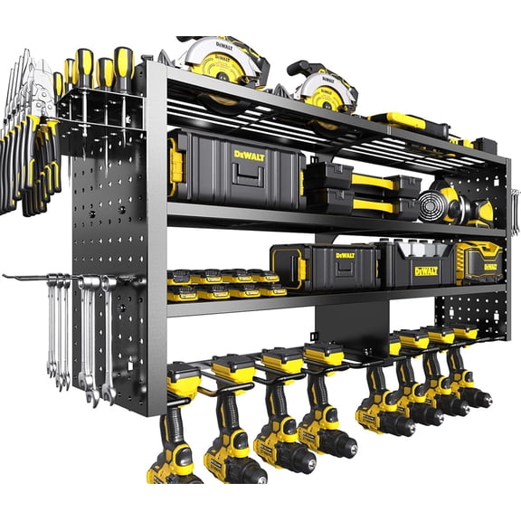 Large Power Tool Organizer Wall Mount, 4 Layer Garage Storage Cordless Tool Organizer with 8 Drills Holder, Heavy Duty Premium Metal Load 400 lbs, Ideal Garage Organization Gifts for Men