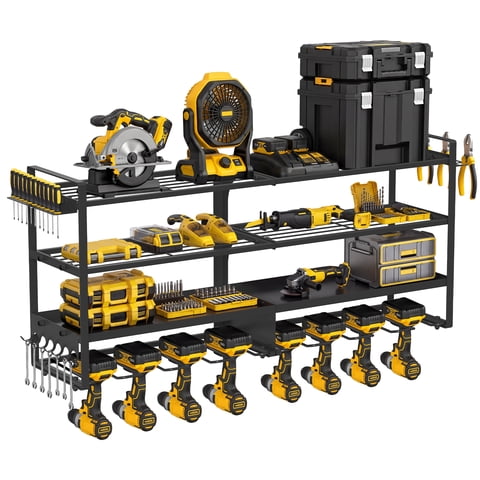Large Power Tool Organizer Wall Mount, 8 Cordless Drill Holder, 4 Tier Metal Power Tool Shelf Battery Storage with 7 Hooks, Heavy Duty Utility Racks for Garage Workshop, Black